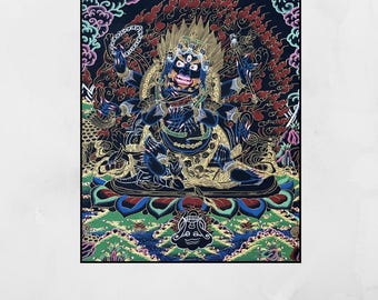 Black Mahakala Thangka • Hand-Painted Tibetan Buddhist Protector Art