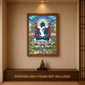 May include: A rectangular wall art print featuring a blue-skinned deity in a meditative pose, embracing a white-skinned figure. The central figures sit on a lotus throne surrounded by floral motifs, clouds, and a circular halo against a blue background.