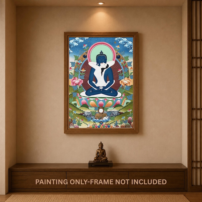 May include: A rectangular wall art print featuring a blue-skinned deity in a meditative pose, embracing a white-skinned figure. The central figures sit on a lotus throne surrounded by floral motifs, clouds, and a circular halo against a blue background.