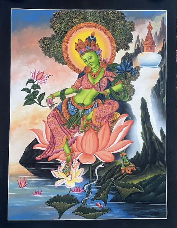 Green Tara Newari Paubha Painting – Hand-painted Himalayan Art