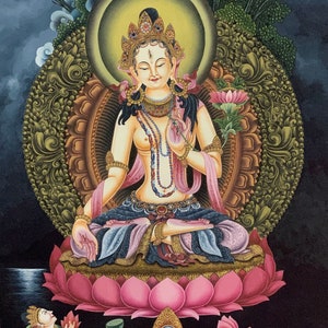 May include: A colorful painting of a deity sitting on a lotus flower. The deity is adorned with jewelry and a crown. The background is dark blue with a moon and clouds.