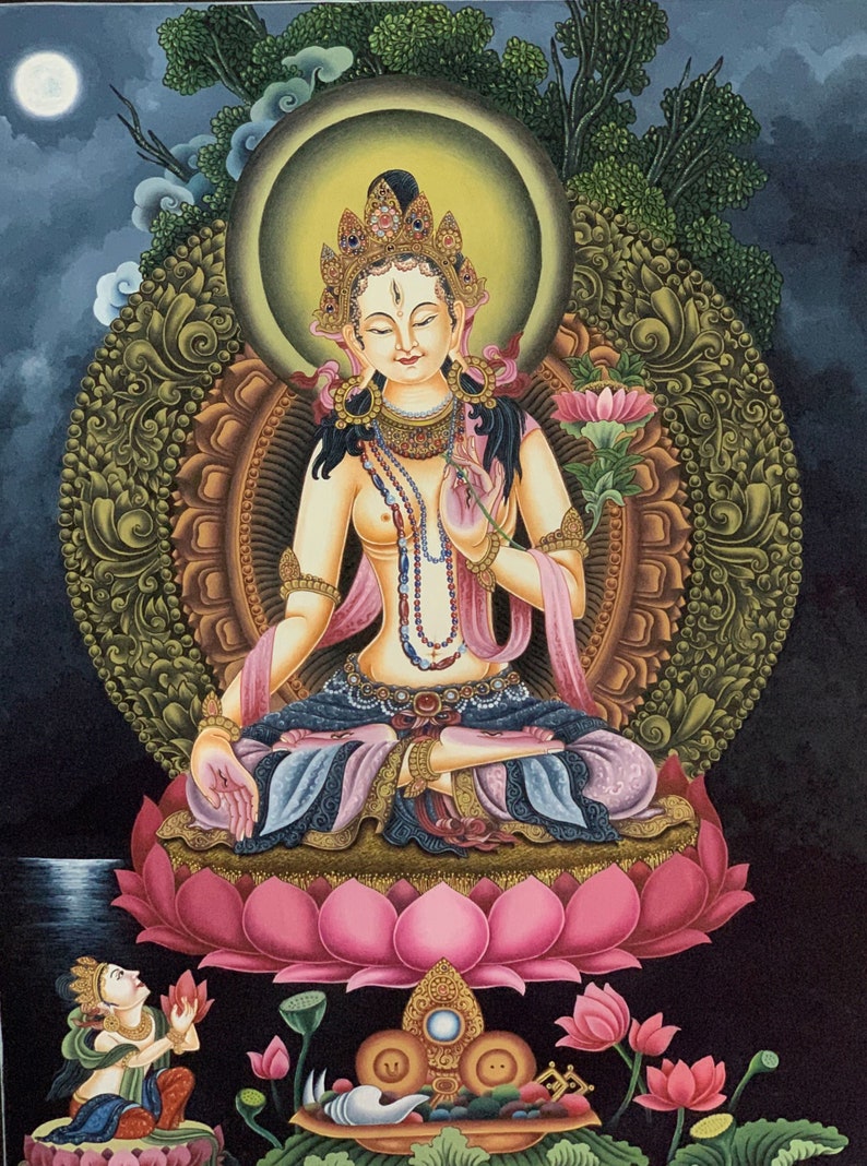 May include: A colorful painting of a deity sitting on a lotus flower. The deity is adorned with jewelry and a crown. The background is dark blue with a moon and clouds.
