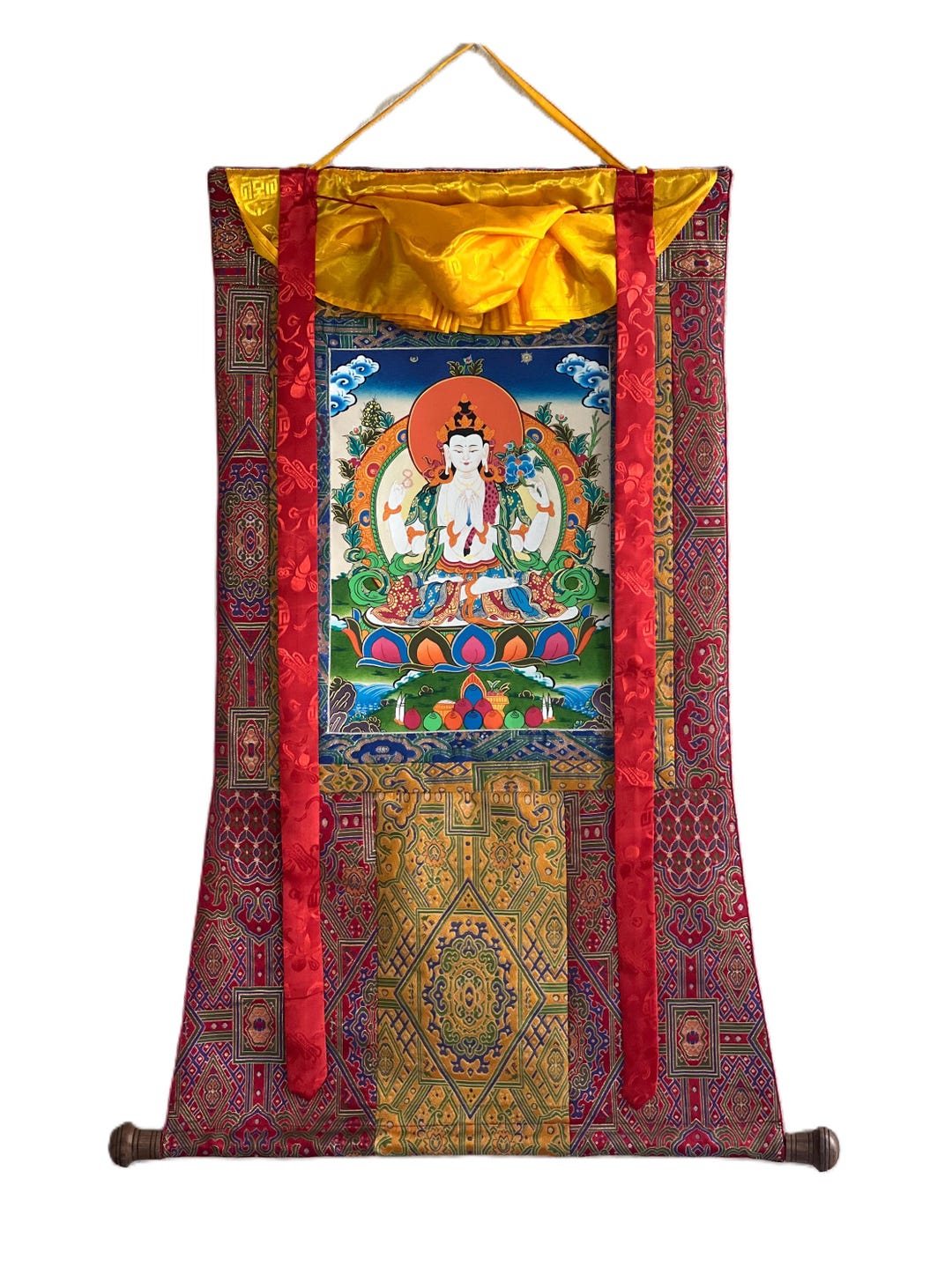 オリジナル手描き四臂観音タンカ – チベット仏教美術、シルク