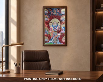 May include: A rectangular wall painting featuring a central blue-faced deity with multiple arms and heads, surrounded by smaller figures in red, blue, and gold tones. The artwork displays intricate patterns and vibrant colors. Painting only, frame not included.
