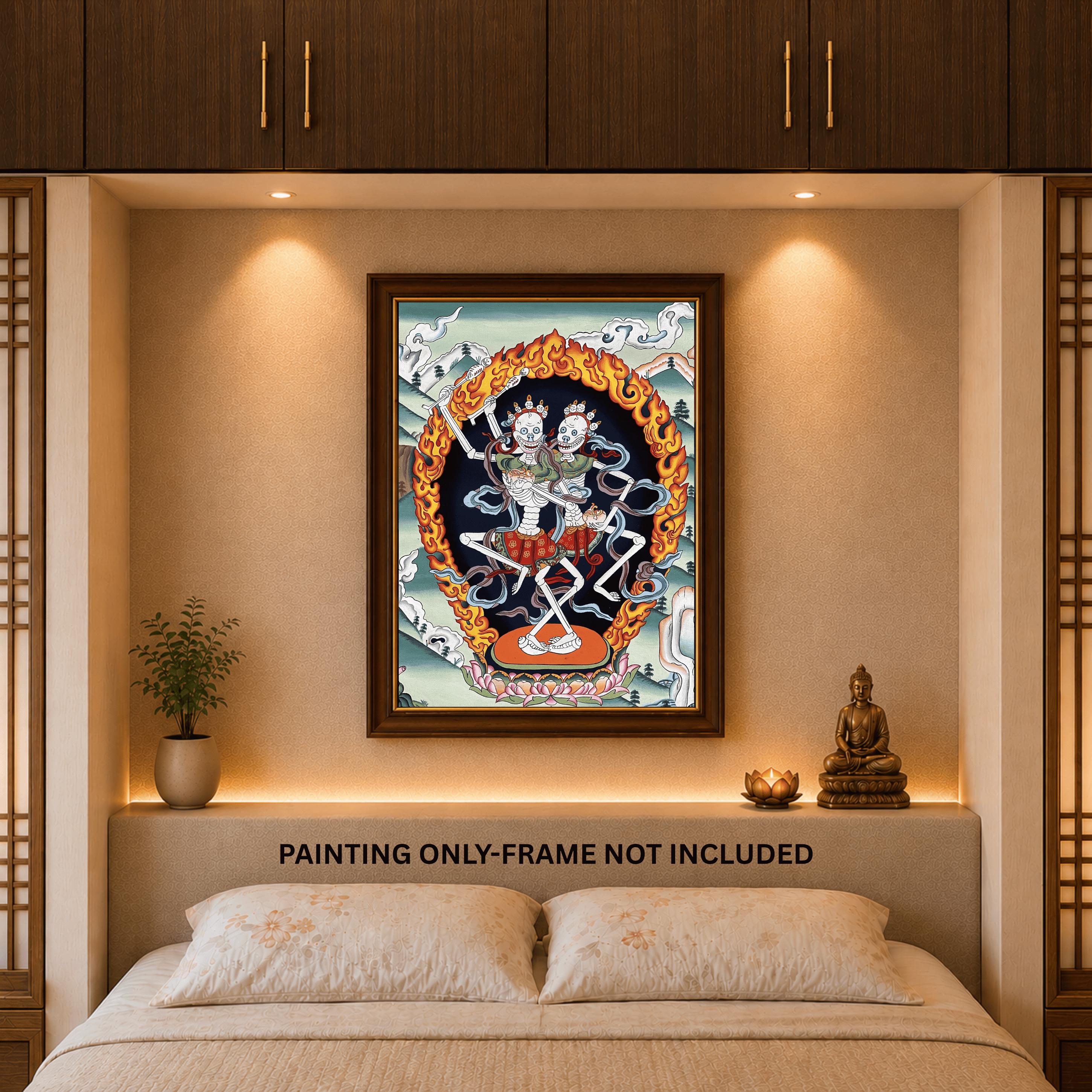 新品　TMpaint キャンバス　アート　パキポディウム Citipati Yab-yum Paubha Thangka | Hand-painted Skeleton Deity