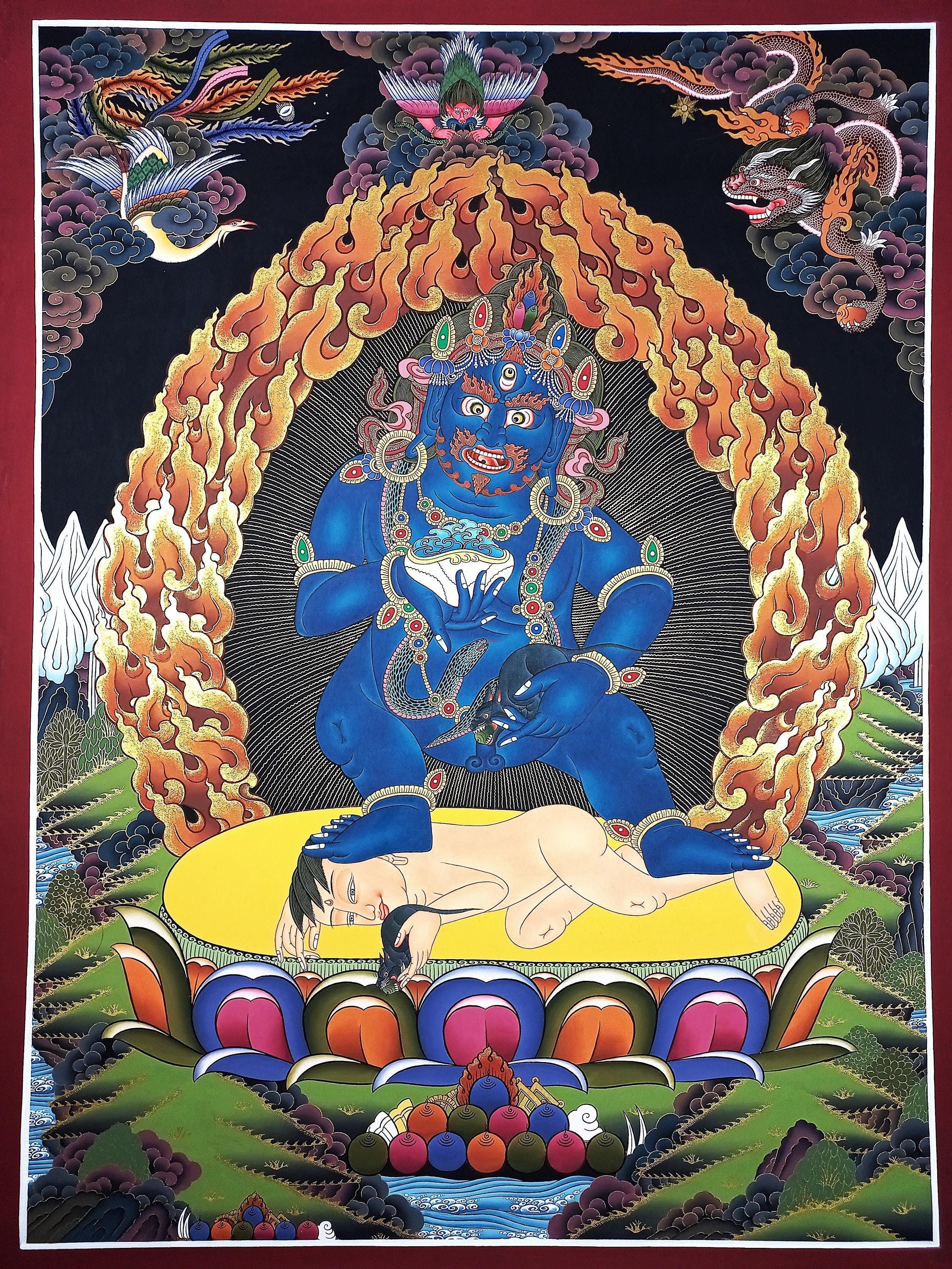 Hand Painted Black Jambhala Thangka – Tibetan God of Wealth 