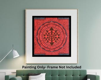 May include: A framed red and black geometric artwork. The artwork features a central triangle design surrounded by concentric circles and a square border. The text at the bottom reads "Painting Only- Frame Not Included".