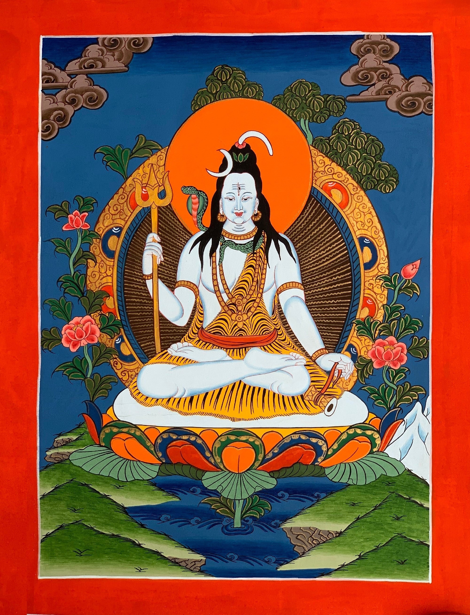 Hand-painted Lord Shiva Thangka Hindu Sacred Wall Art With Silk