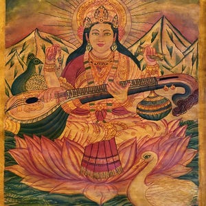 Original Hand-painted Goddess Saraswati/ Saraswoti/ Sarasvati Goddess of Learning, Music and Art Masterpiece Oil Varnished Thangka Painting