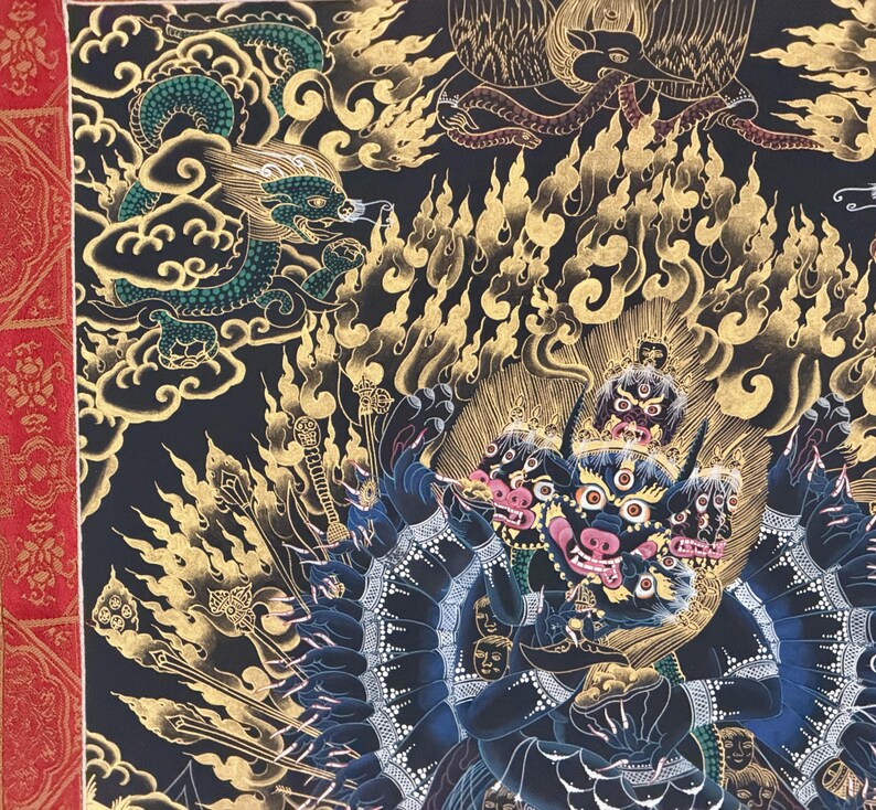 Hand-Painted Yamantaka with Consort Thangka | Wrathful Protector Tibetan Art with Silk Brocade image 6