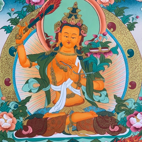 Hand-painted, Manjushri, Jampalyang, God of Divine shops wisdom, Master Quality, Thangka Painting 15x20-Inch