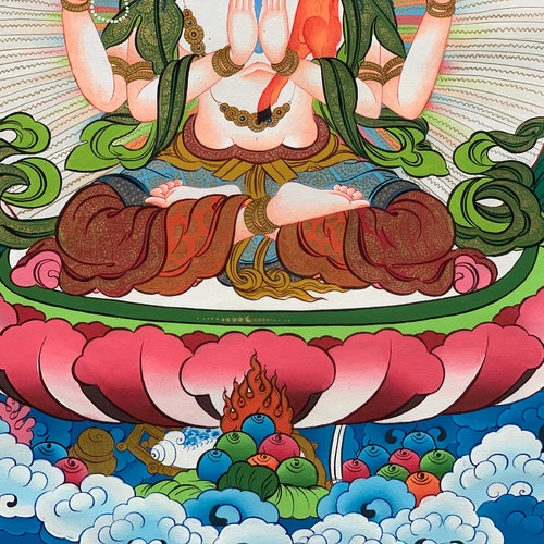 Hand-painted 4 shops Armed Avalokiteshvara, Chyangresi, Chenrezig, Thangka Painting 17 x 24-Inch