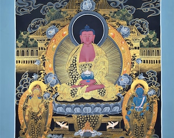 May include: A traditional Tibetan Buddhist thangka painting depicting a golden Buddha seated in meditation on a lotus throne. The Buddha is surrounded by clouds and a mandala, and two bodhisattvas stand on either side. The painting is done in vibrant colors and gold leaf.