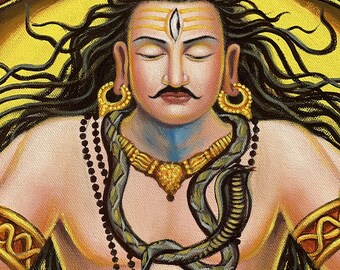 シヴァ・パールヴァティの合体絵画｜キャンバスに手描きされた