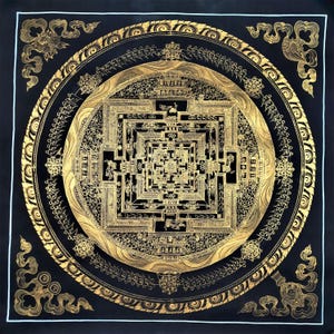 Original Hand-Painted Kalachakra Mandala Thangka - Black and Gold Tibetan Wheel of Time Art - Meditation Wall Hanging - Unique Home Decor