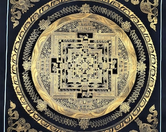 Original Hand-Painted Kalachakra Mandala Thangka - Black and Gold Tibetan Wheel of Time Art - Meditation Wall Hanging - Unique Home Decor