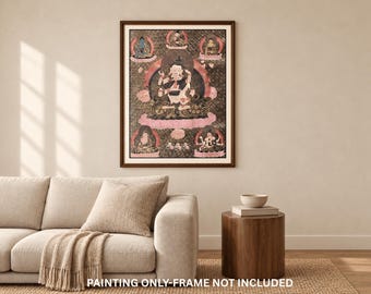 May include: A rectangular thangka painting featuring a central multi-armed deity surrounded by four smaller figures in a dark, patterned background with pink lotus accents. The text at the bottom states: PAINTING ONLY-FRAME NOT INCLUDED.