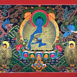 Original Handgemalt Medizin Buddha / Bhaisajyaguru Masterpiece Tibetische Thangka / Thanka Malerei Mitgefühl Meditation aus Nepal