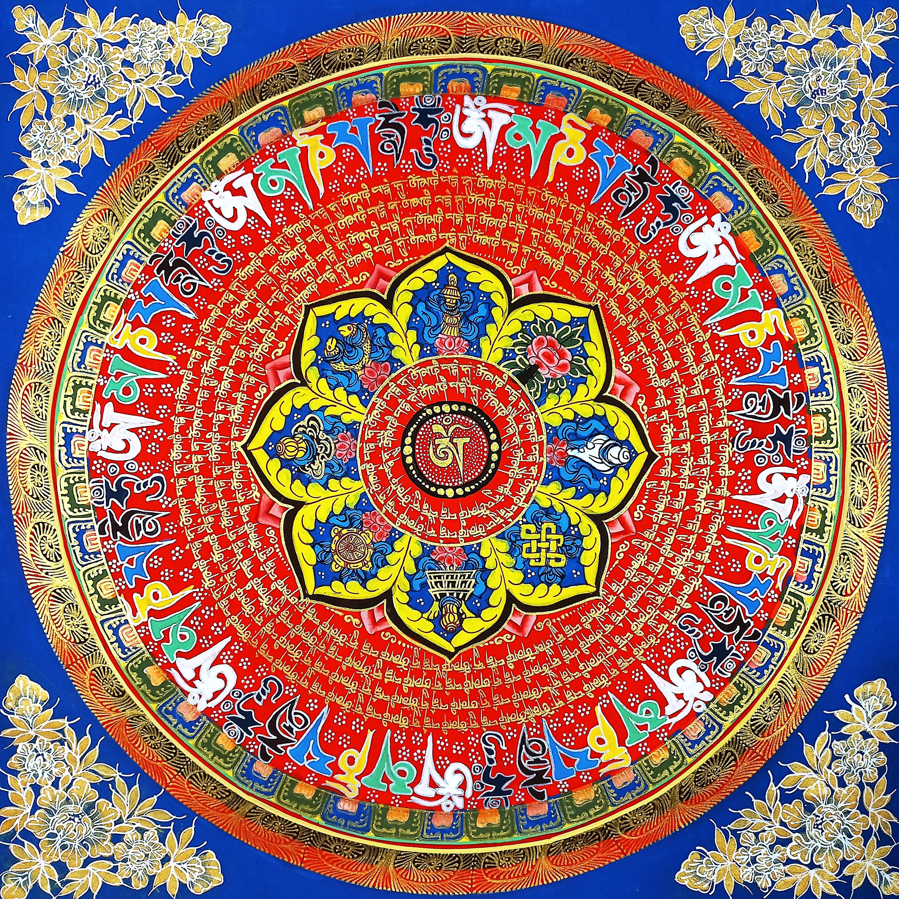 OMマントラ曼荼羅アート｜ネパールのチベットタンカ壁掛け｜幸運