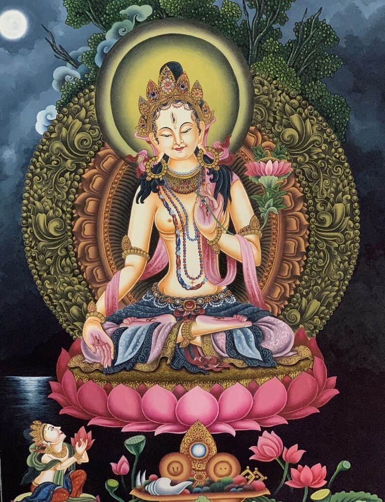 May include: A colorful painting of a deity sitting on a lotus flower. The deity is adorned with jewelry and has a serene expression. The painting is set against a dark background with a moon in the upper left corner.