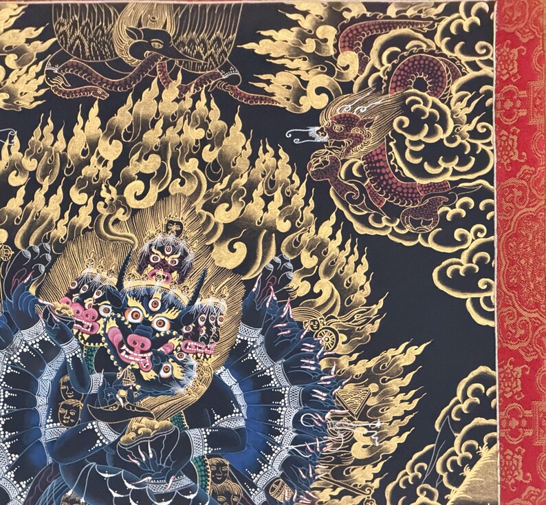 Hand-Painted Yamantaka with Consort Thangka | Wrathful Protector Tibetan Art with Silk Brocade image 7