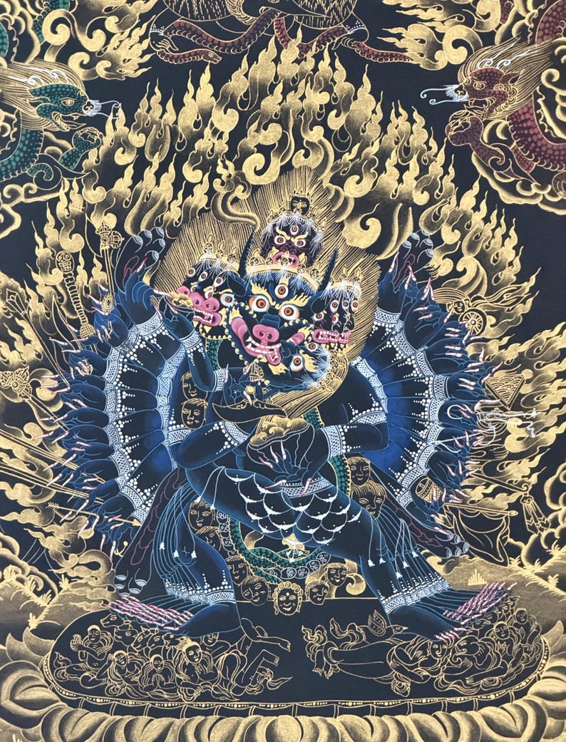 Hand-Painted Yamantaka with Consort Thangka | Wrathful Protector Tibetan Art with Silk Brocade image 8