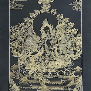 Obra maestra original pintada a mano Tara verde Negro y oro Pared tibetana colgante Thanka / Thangka / Pintura Arte de meditación de compasión