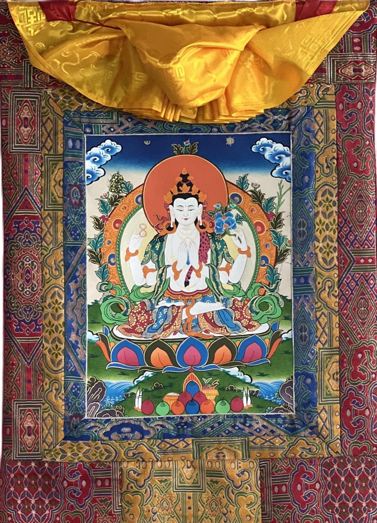 四臂観音菩薩 タンカ 手描き シルク仕立 額装 チベット 守護 浄化 曼荼羅 四臂観音菩薩 タンカ 手描き シルク仕立 額装 チベット 守護 浄化