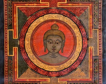 Ręcznie malowany posąg Buddy Medycyny Thangka | Sztuka olejna lakierowana na Shri Yantra
