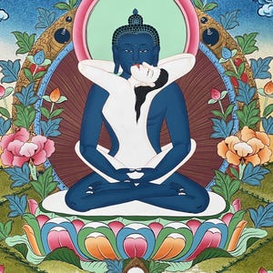 May include: A thangka painting depicting a blue-skinned deity in a meditative lotus position, embracing a white-skinned figure. The central figures are surrounded by a vibrant floral border, colorful lotus petals, and stylized clouds against a blue sky.