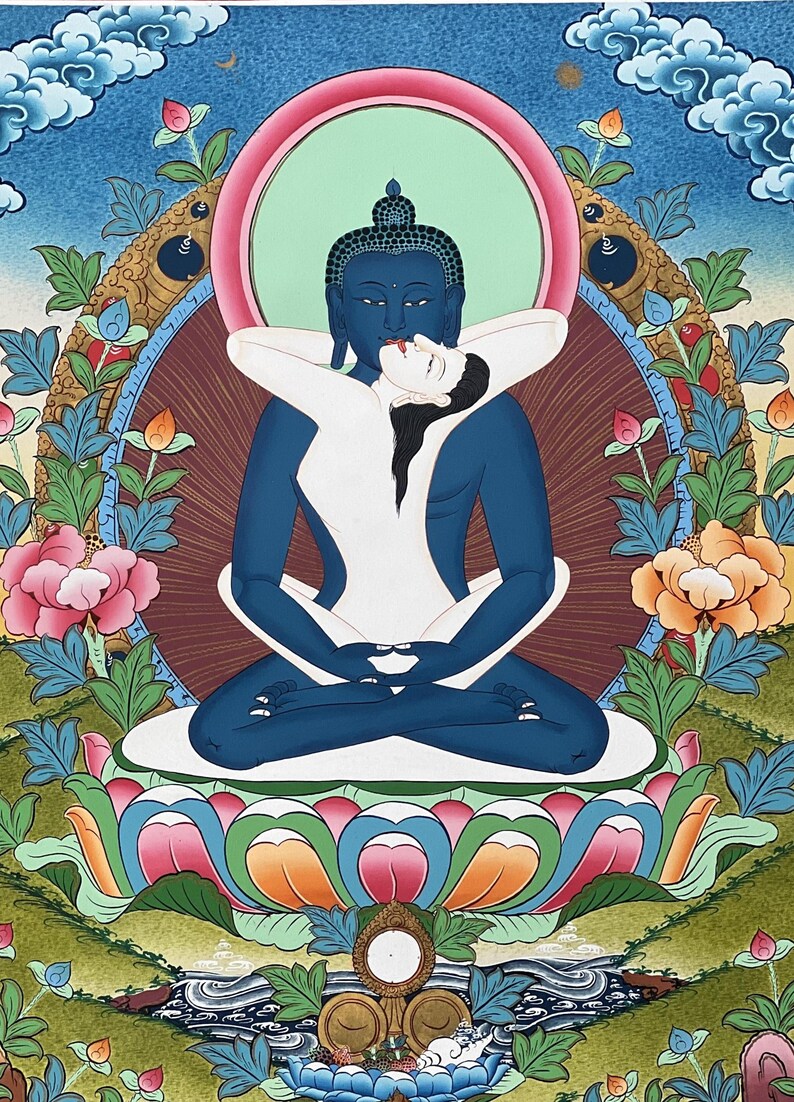 May include: A thangka painting depicting a blue-skinned deity in a meditative lotus position, embracing a white-skinned figure. The central figures are surrounded by a vibrant floral border, colorful lotus petals, and stylized clouds against a blue sky.