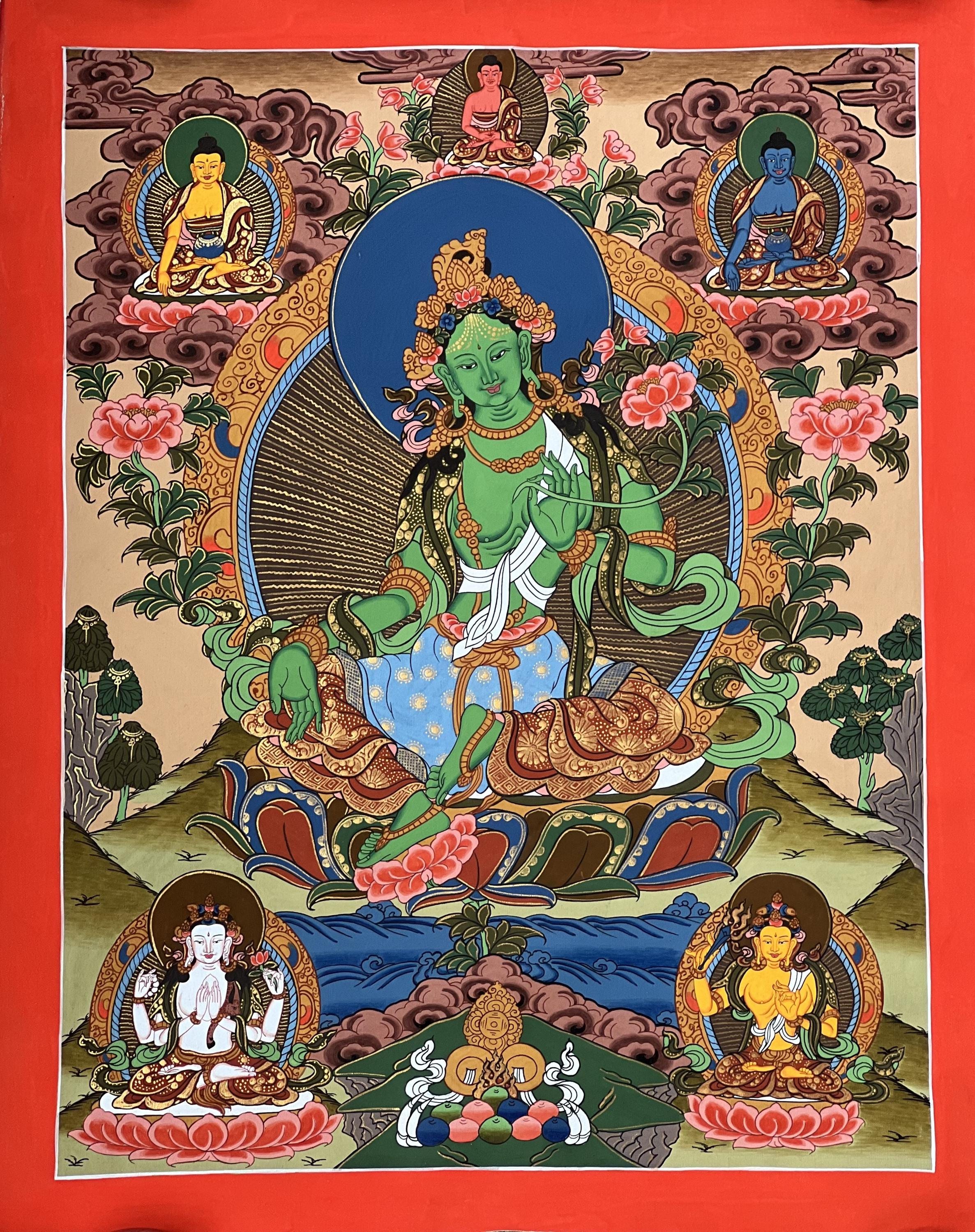 グリーンターラ　タンカペイント 緑多羅菩薩（グリーンターラ）[L]・タンカ（仏画）｜彩雲