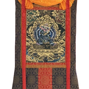 Hand-Painted Yamantaka with Consort Thangka | Wrathful Protector Tibetan Art with Silk Brocade image 1