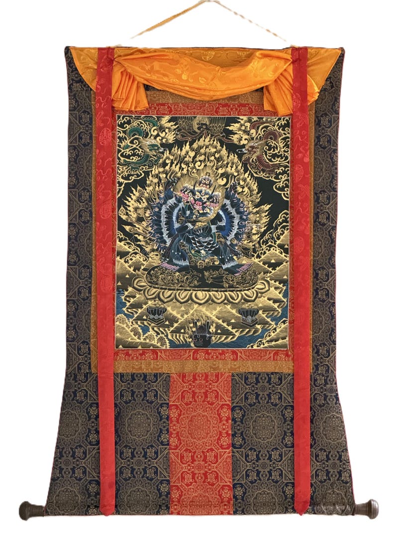 Hand-Painted Yamantaka with Consort Thangka | Wrathful Protector Tibetan Art with Silk Brocade image 1