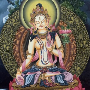 White Tara Newari Paubha Thangka | Hand Painted Buddhist Art | Masterpiece Meditation Painting image 7