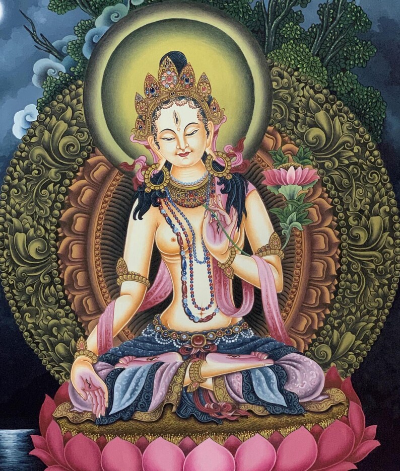 White Tara Newari Paubha Thangka | Hand Painted Buddhist Art | Masterpiece Meditation Painting image 7