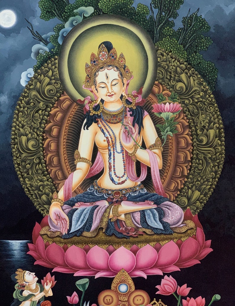 May include: A painting of a deity sitting in a lotus position on a pink lotus flower. The deity is adorned with jewelry and has a serene expression. The background is dark blue with a moon and clouds.