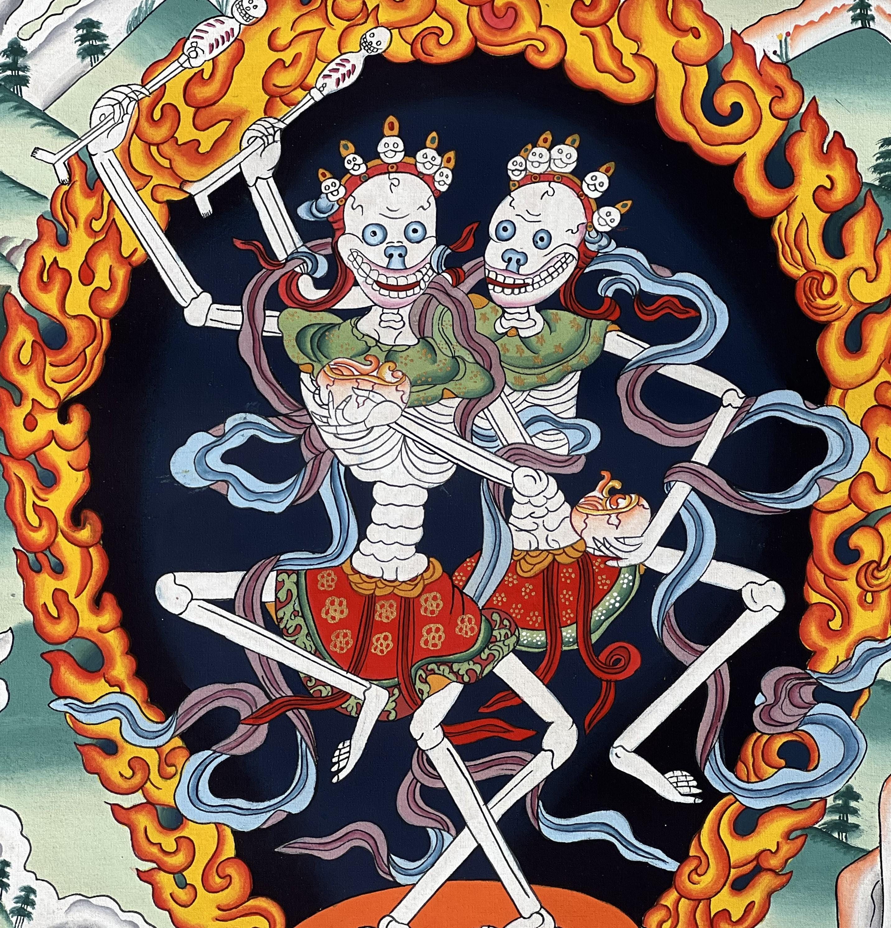 Citipati Yab-yum Paubha Thangka | Hand-painted Skeleton Deity