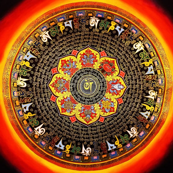 OMマントラ曼荼羅アート｜ネパールのチベットタンカ壁掛け｜幸運と家庭