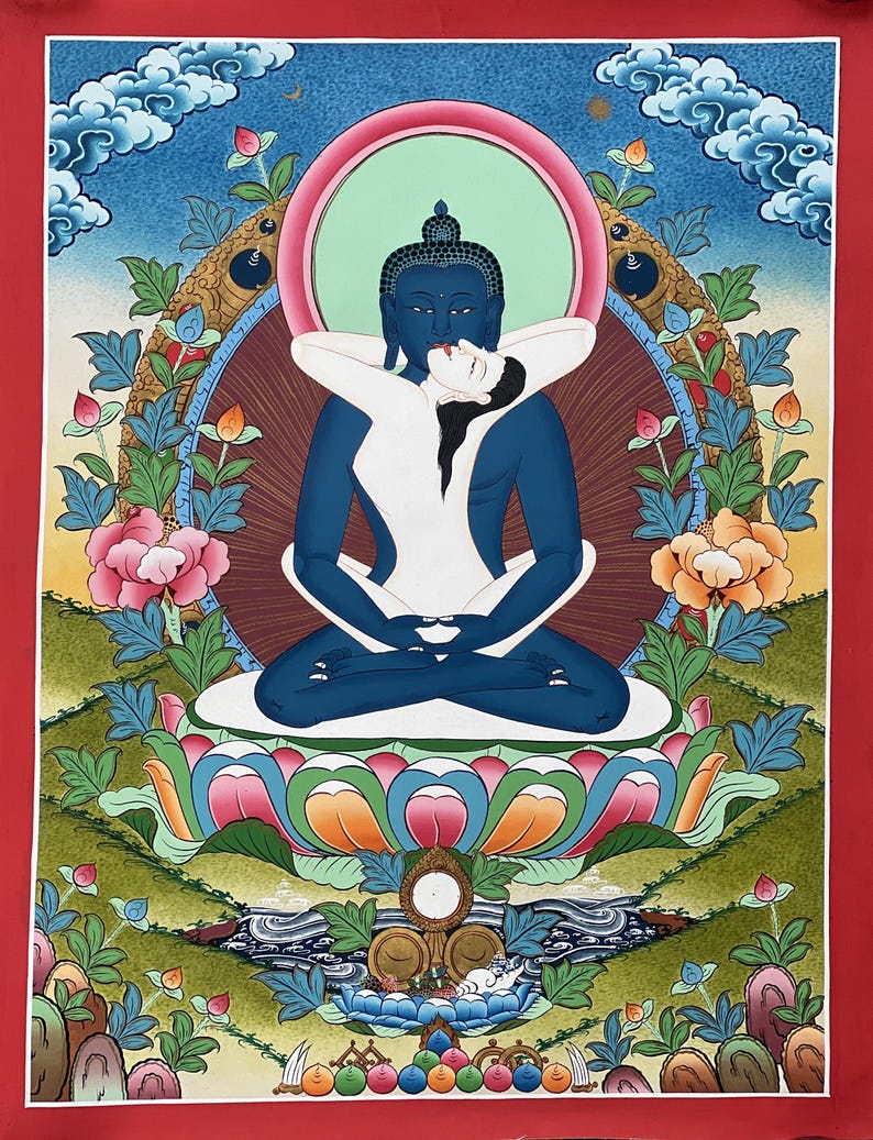 May include: A thangka painting depicting a blue-skinned deity in a meditative pose, embracing a white-skinned figure. The central figures sit on a multi-colored lotus throne, surrounded by floral motifs, clouds, and a red border frame.