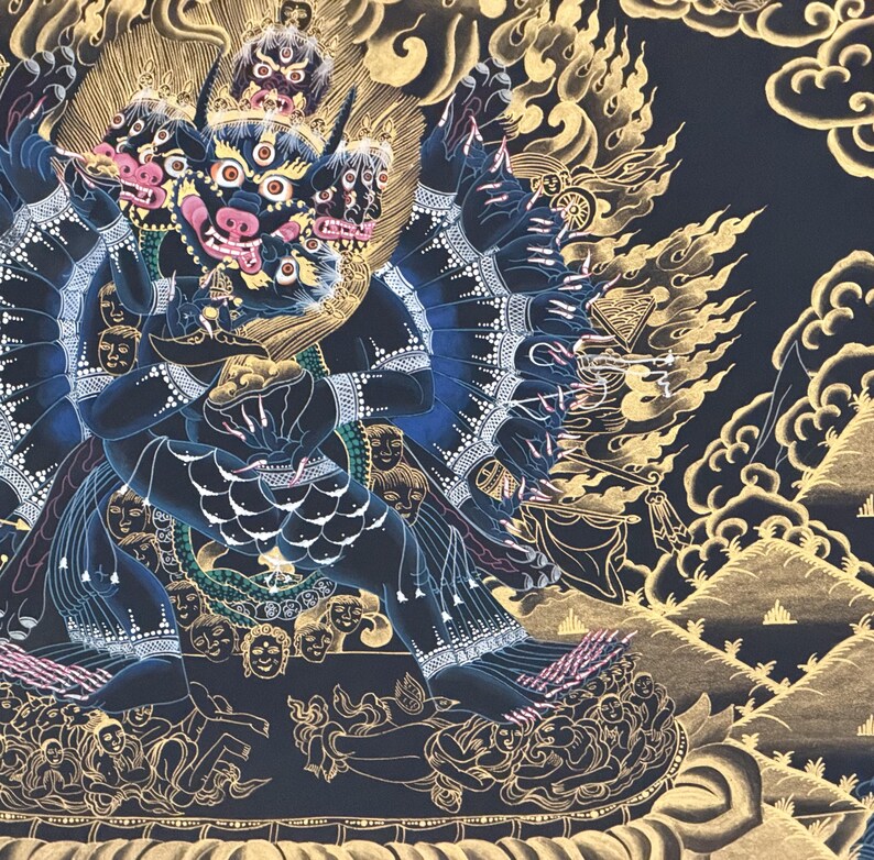 Hand-Painted Yamantaka with Consort Thangka | Wrathful Protector Tibetan Art with Silk Brocade image 11