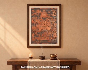 Può includere: Una stampa artistica da parete rettangolare con un'illustrazione dettagliata in stile thangka nei toni dell'arancione scuro e del nero, che raffigura diverse figure sedute e motivi complessi. La stampa è in una cornice di legno marrone scuro.