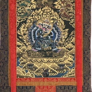 Hand-Painted Yamantaka with Consort Thangka | Wrathful Protector Tibetan Art with Silk Brocade image 3