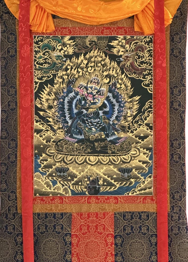 Hand-Painted Yamantaka with Consort Thangka | Wrathful Protector Tibetan Art with Silk Brocade image 3