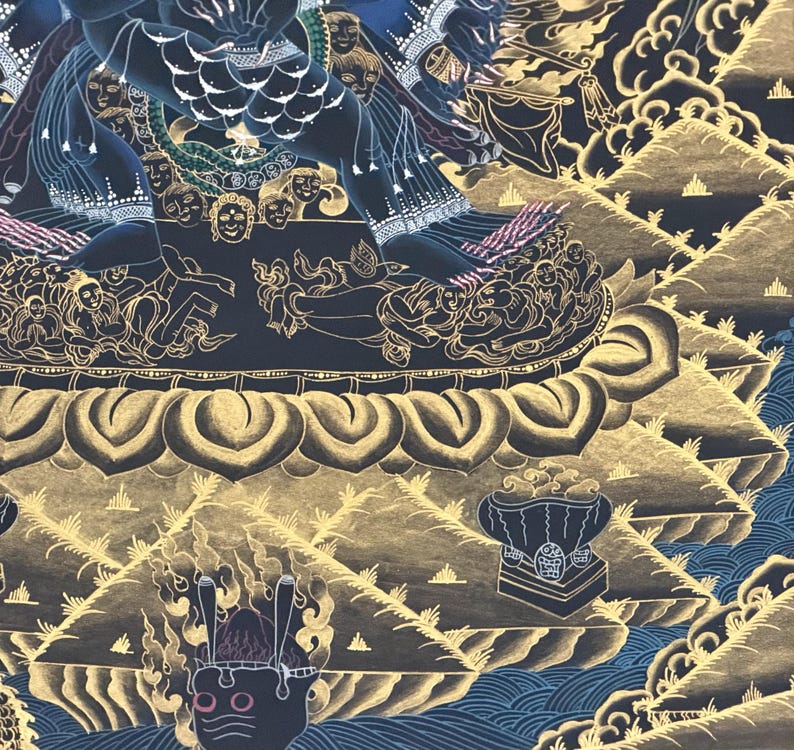 Hand-Painted Yamantaka with Consort Thangka | Wrathful Protector Tibetan Art with Silk Brocade image 13