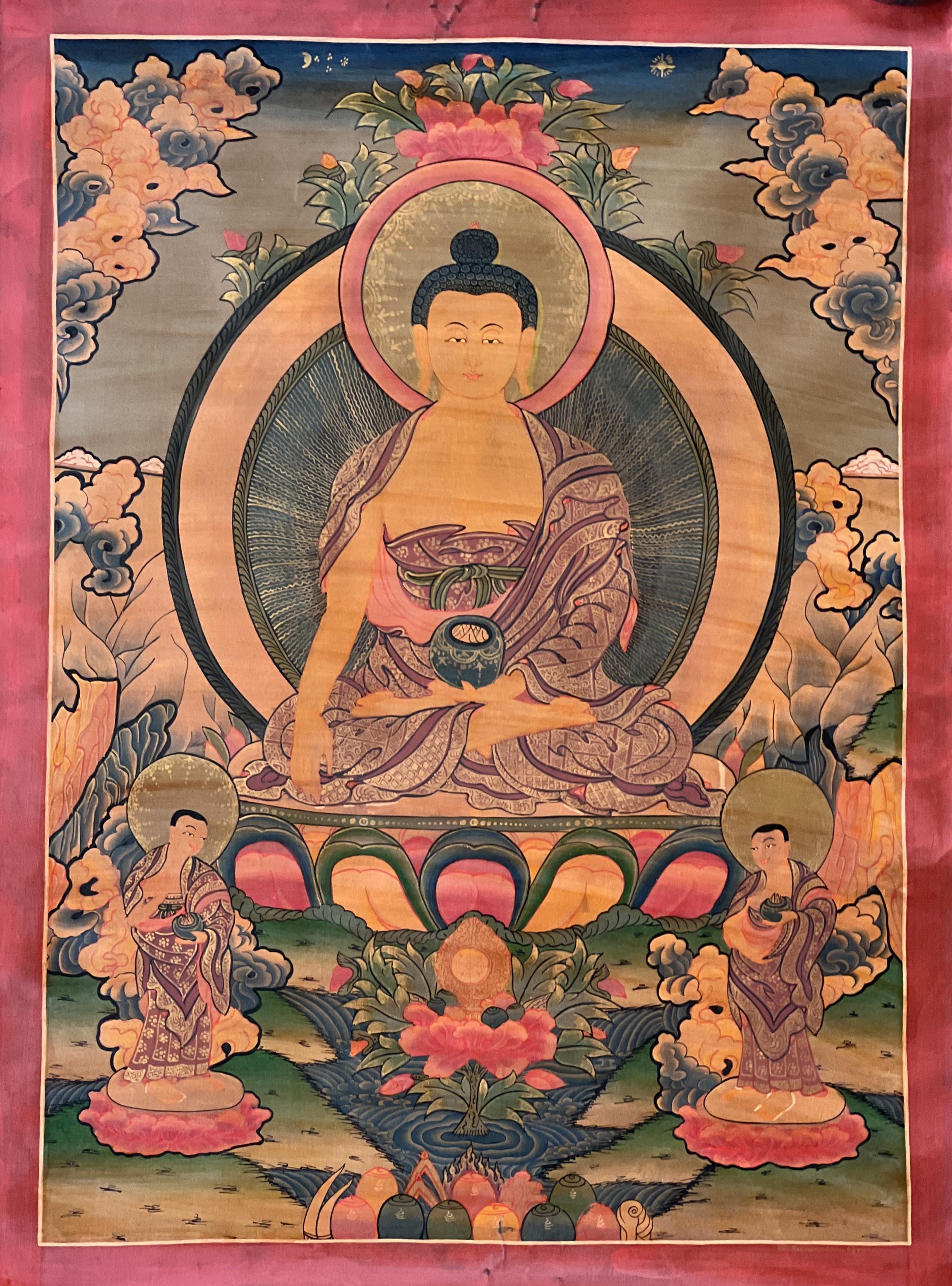 Original peint à la main Shakyamuni / Bouddha Siddhartha Gautama vieille huile vernie grande méditation tibétaine Thangka / peinture Thanka du Népal