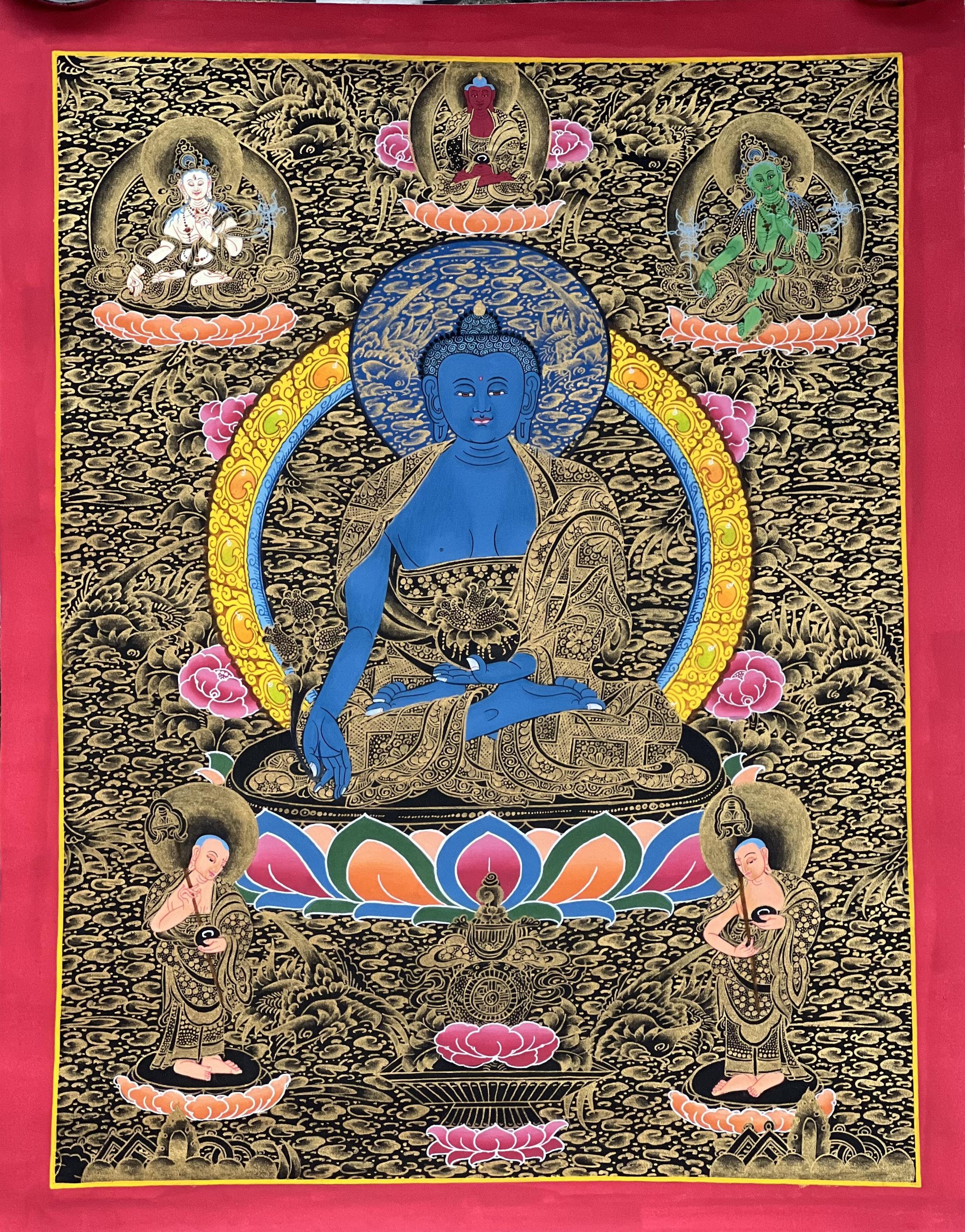 Original Hand-gemalter Medizin Buddha/ BhaisajyaGuru/ Buddha der Heilung/ Meister Heiler Tibetisches Thangka/ Thanka Gemälde