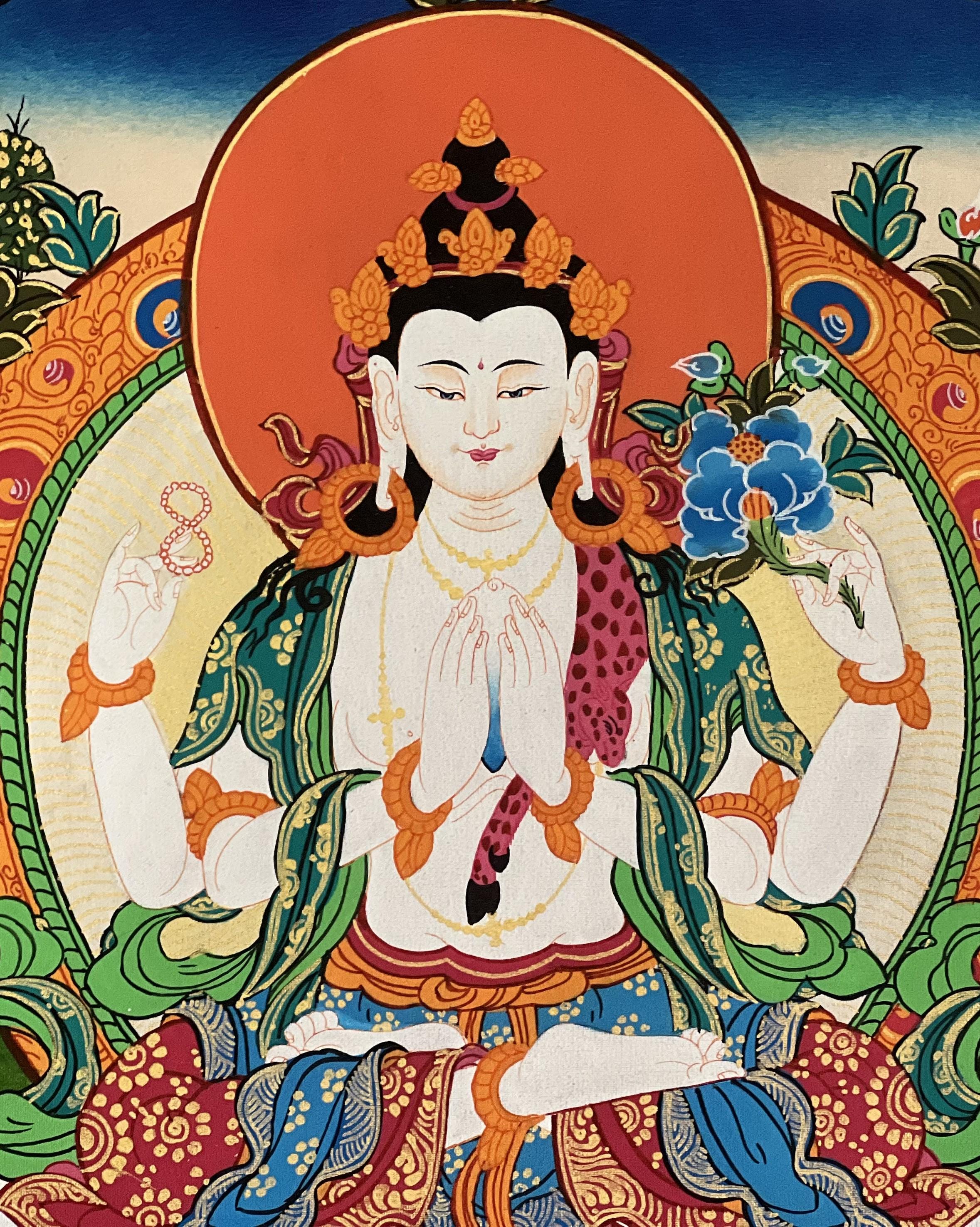 オリジナル手描き四臂観音タンカ – チベット仏教美術、シルク
