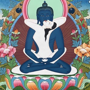 May include: A thangka painting depicting a blue-skinned deity in a meditative pose, embracing a white-skinned figure. They are seated on a multi-colored lotus throne, surrounded by a decorative floral border with pink, orange, and green elements.