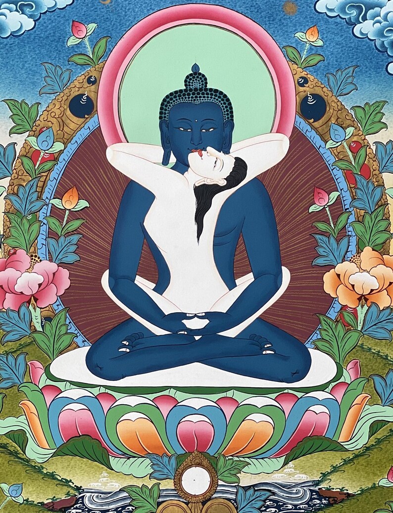 May include: A thangka painting depicting a blue-skinned deity in a meditative pose, embracing a white-skinned figure. They are seated on a multi-colored lotus throne, surrounded by a decorative floral border with pink, orange, and green elements.